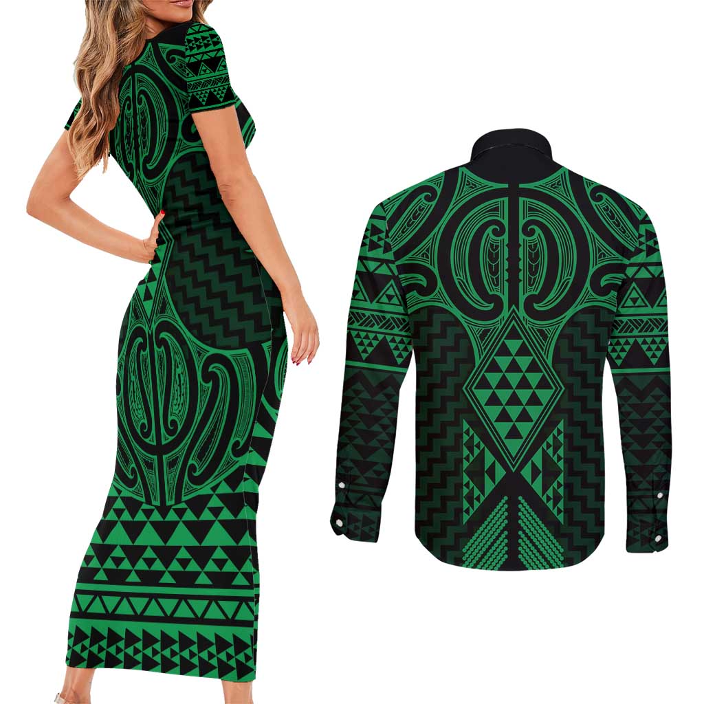 Kakariki Maori Ta Moko Poutama Art Couples Matching Short Sleeve Bodycon Dress and Long Sleeve Button Shirt