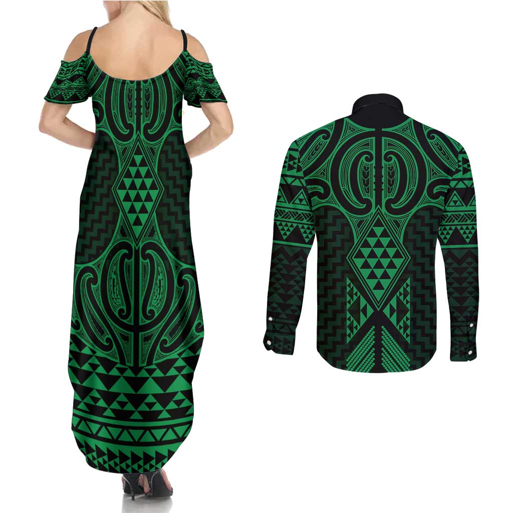 Kakariki Maori Ta Moko Poutama Art Couples Matching Summer Maxi Dress and Long Sleeve Button Shirt