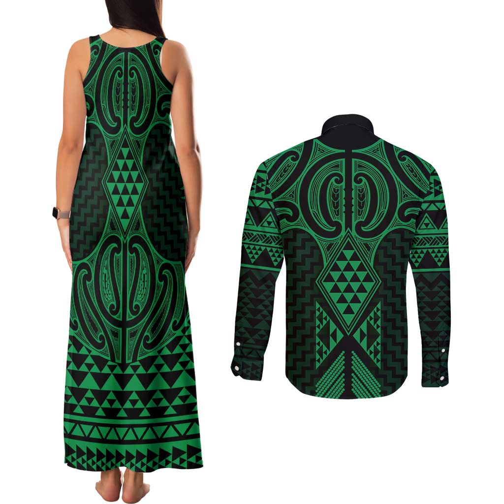 Kakariki Maori Ta Moko Poutama Art Couples Matching Tank Maxi Dress and Long Sleeve Button Shirt