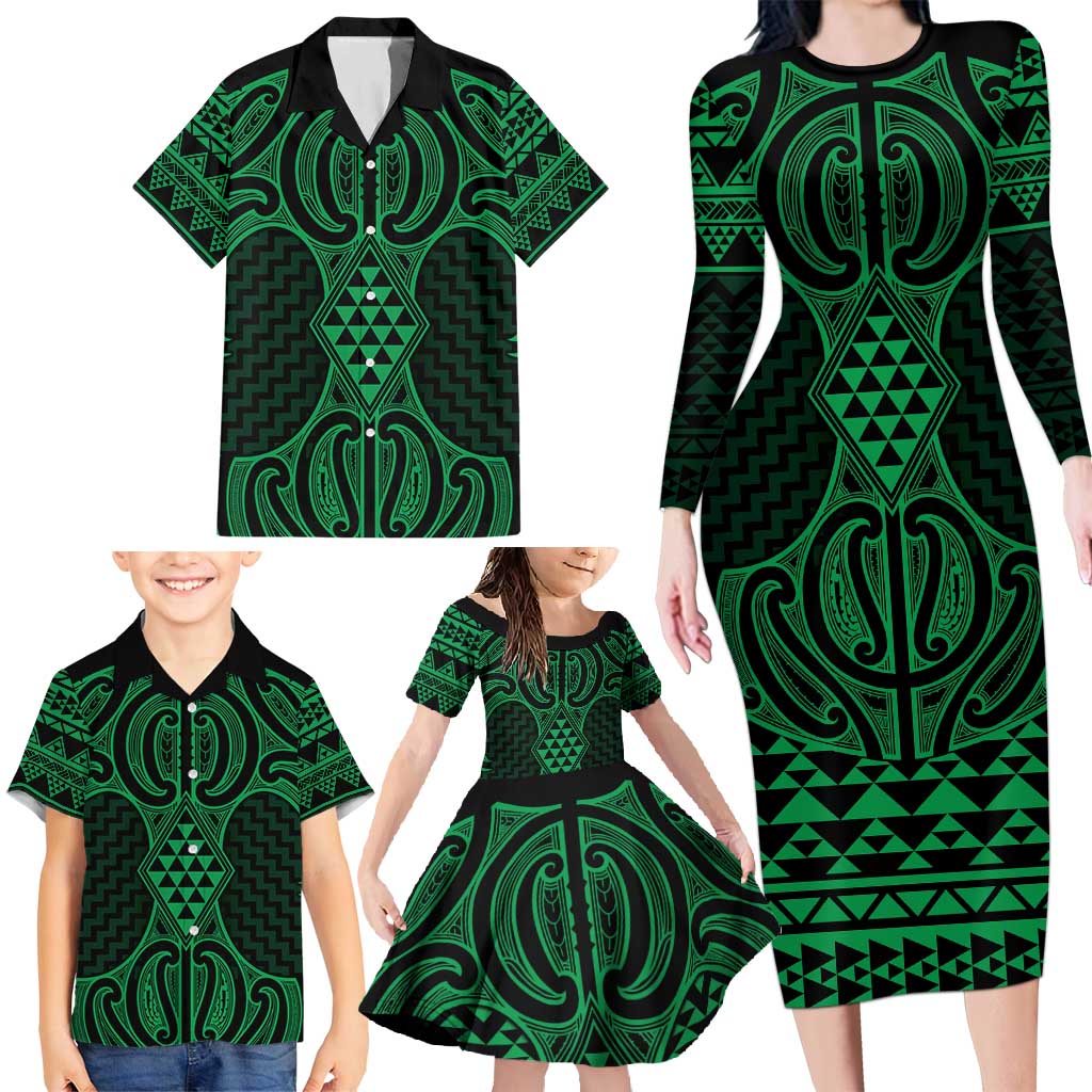 Kakariki Maori Ta Moko Poutama Art Family Matching Long Sleeve Bodycon Dress and Hawaiian Shirt