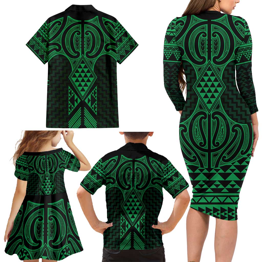 Kakariki Maori Ta Moko Poutama Art Family Matching Long Sleeve Bodycon Dress and Hawaiian Shirt