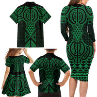 Kakariki Maori Ta Moko Poutama Art Family Matching Long Sleeve Bodycon Dress and Hawaiian Shirt