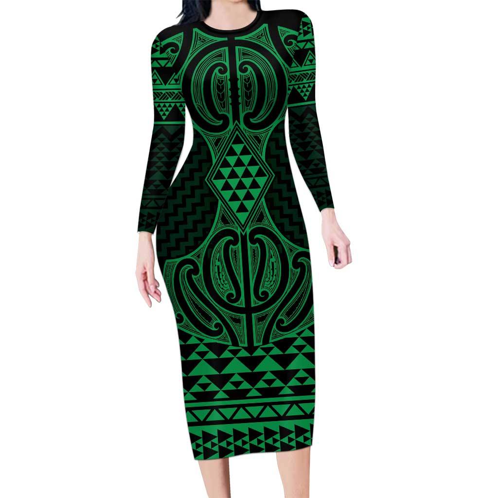 Kakariki Maori Ta Moko Poutama Art Family Matching Long Sleeve Bodycon Dress and Hawaiian Shirt