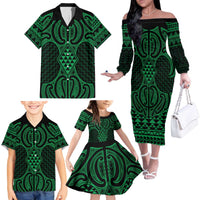Kakariki Maori Ta Moko Poutama Art Family Matching Off The Shoulder Long Sleeve Dress and Hawaiian Shirt