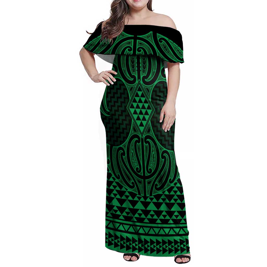Kakariki Maori Ta Moko Poutama Art Family Matching Off Shoulder Maxi Dress and Hawaiian Shirt