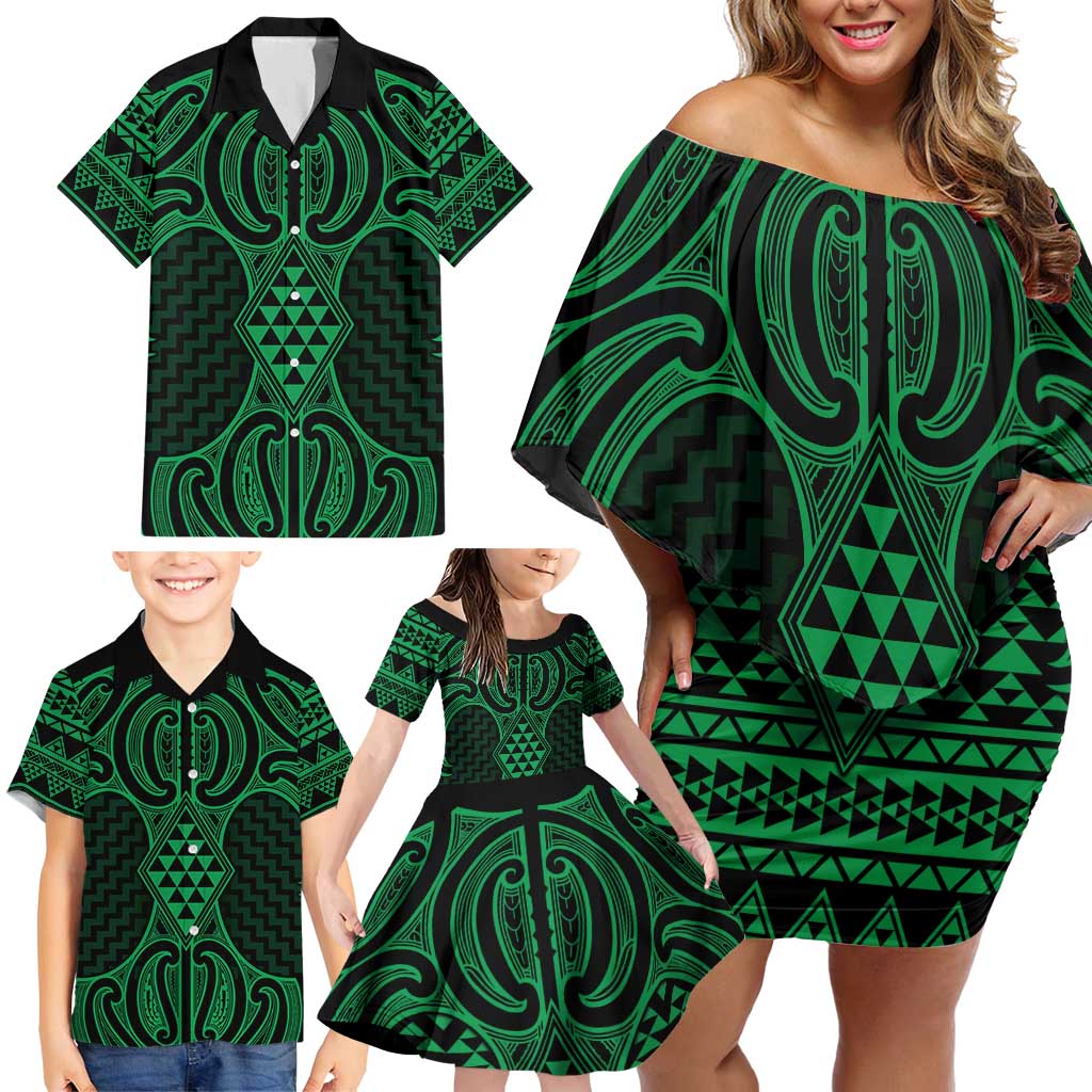 Kakariki Maori Ta Moko Poutama Art Family Matching Off Shoulder Short Dress and Hawaiian Shirt