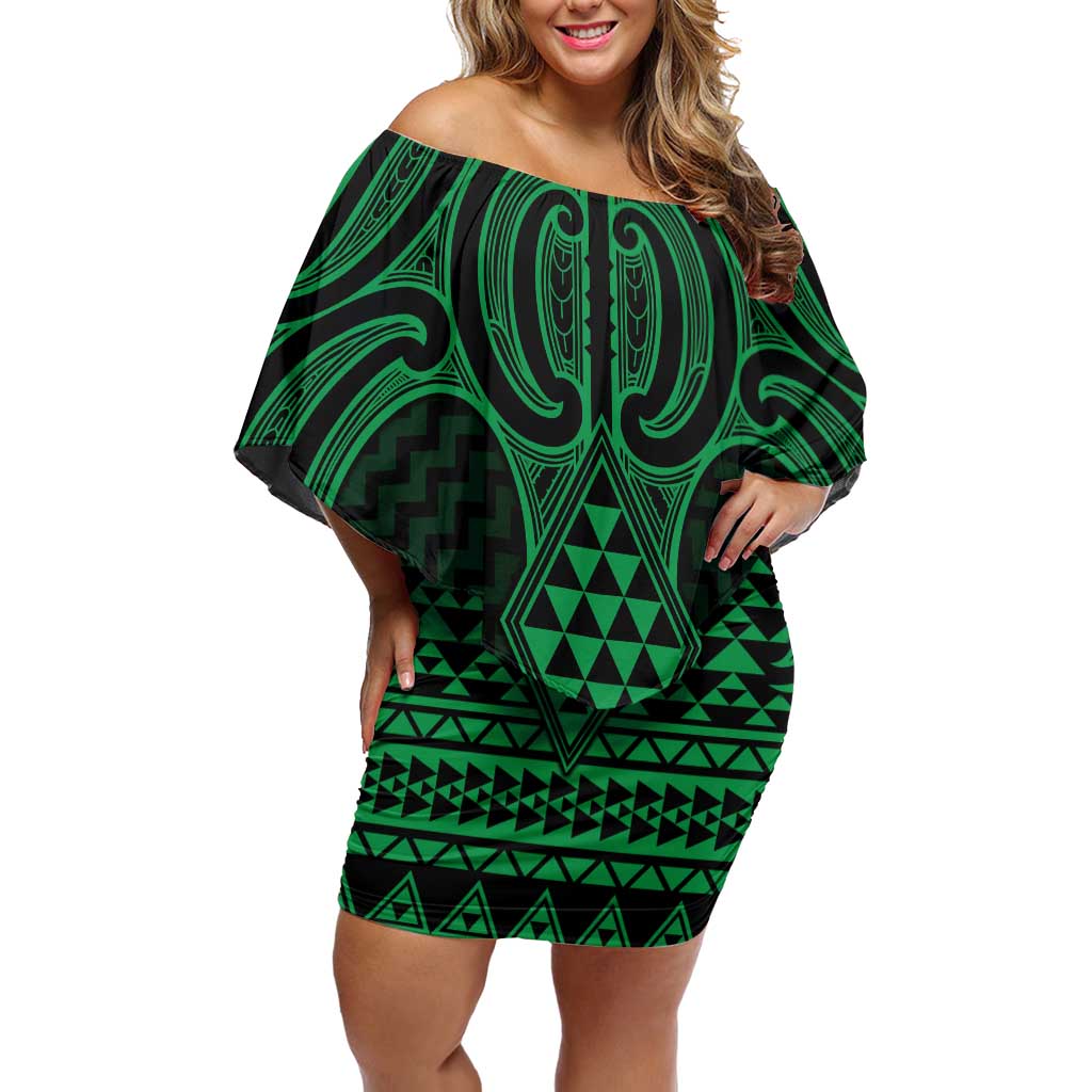 Kakariki Maori Ta Moko Poutama Art Family Matching Off Shoulder Short Dress and Hawaiian Shirt