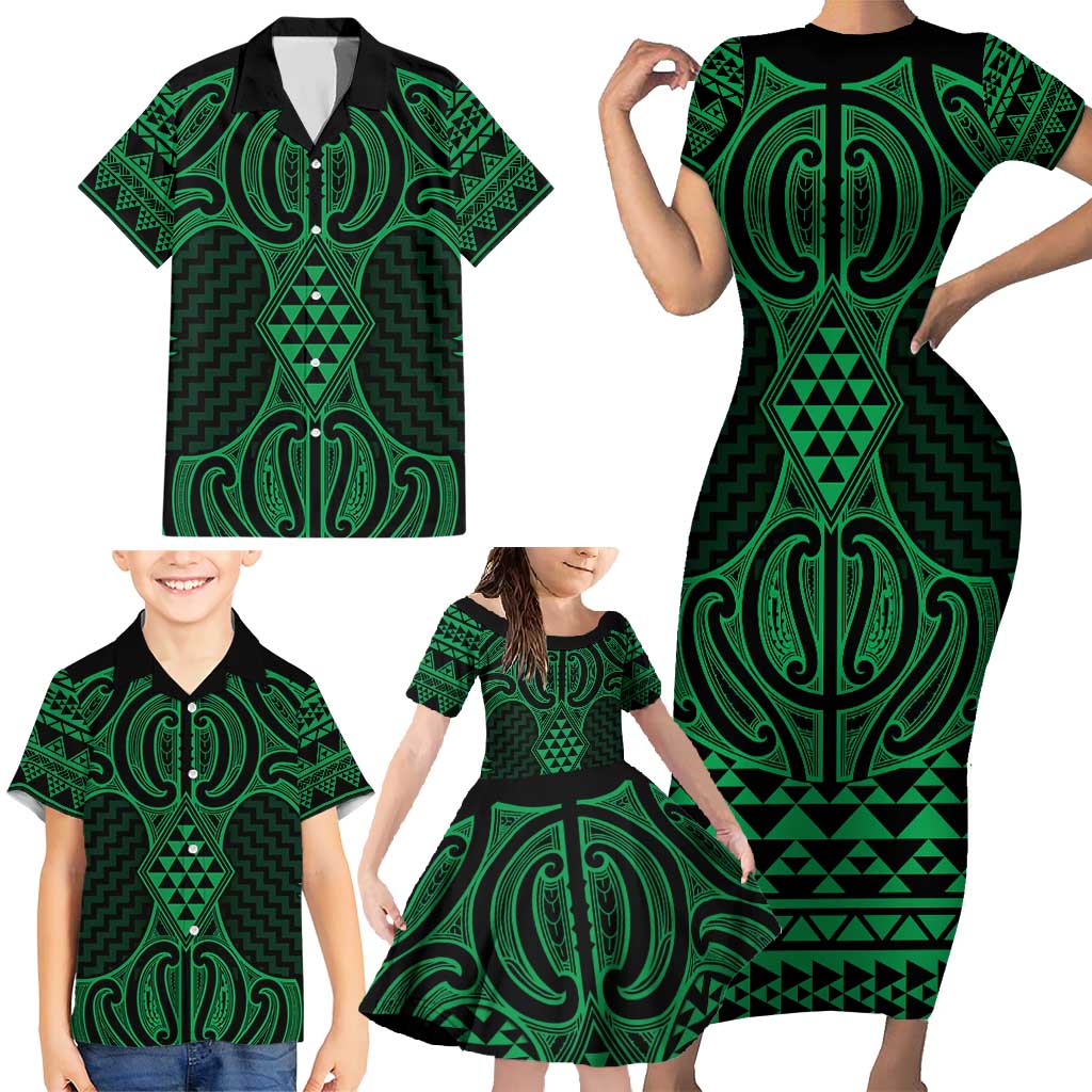 Kakariki Maori Ta Moko Poutama Art Family Matching Short Sleeve Bodycon Dress and Hawaiian Shirt