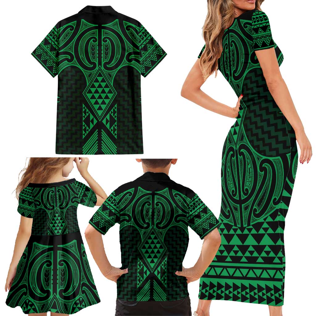 Kakariki Maori Ta Moko Poutama Art Family Matching Short Sleeve Bodycon Dress and Hawaiian Shirt