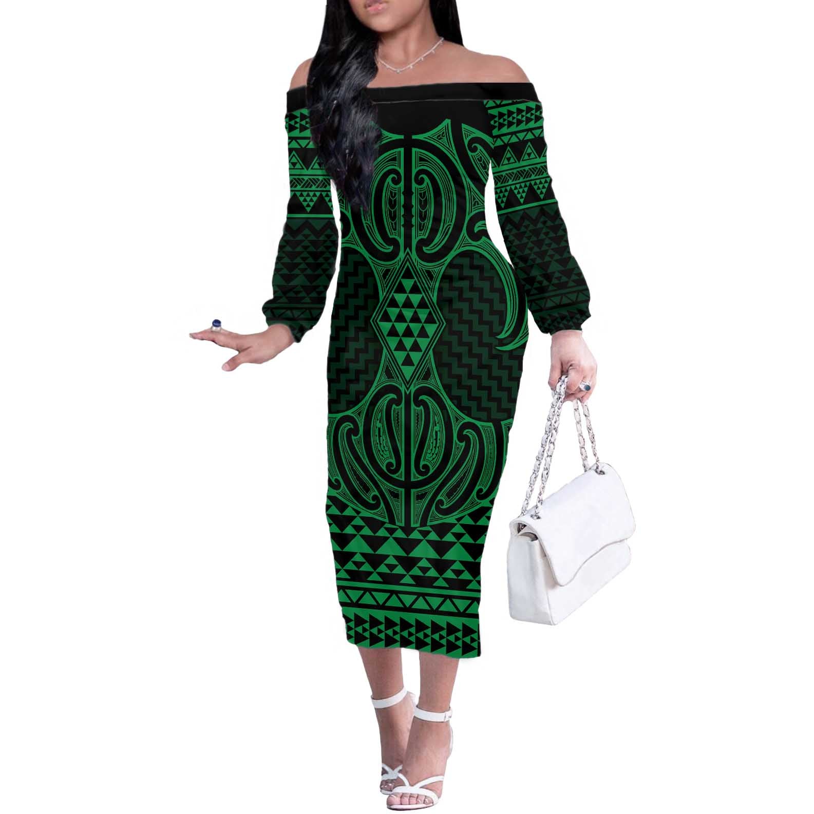 Kakariki Maori Ta Moko Poutama Art Off The Shoulder Long Sleeve Dress