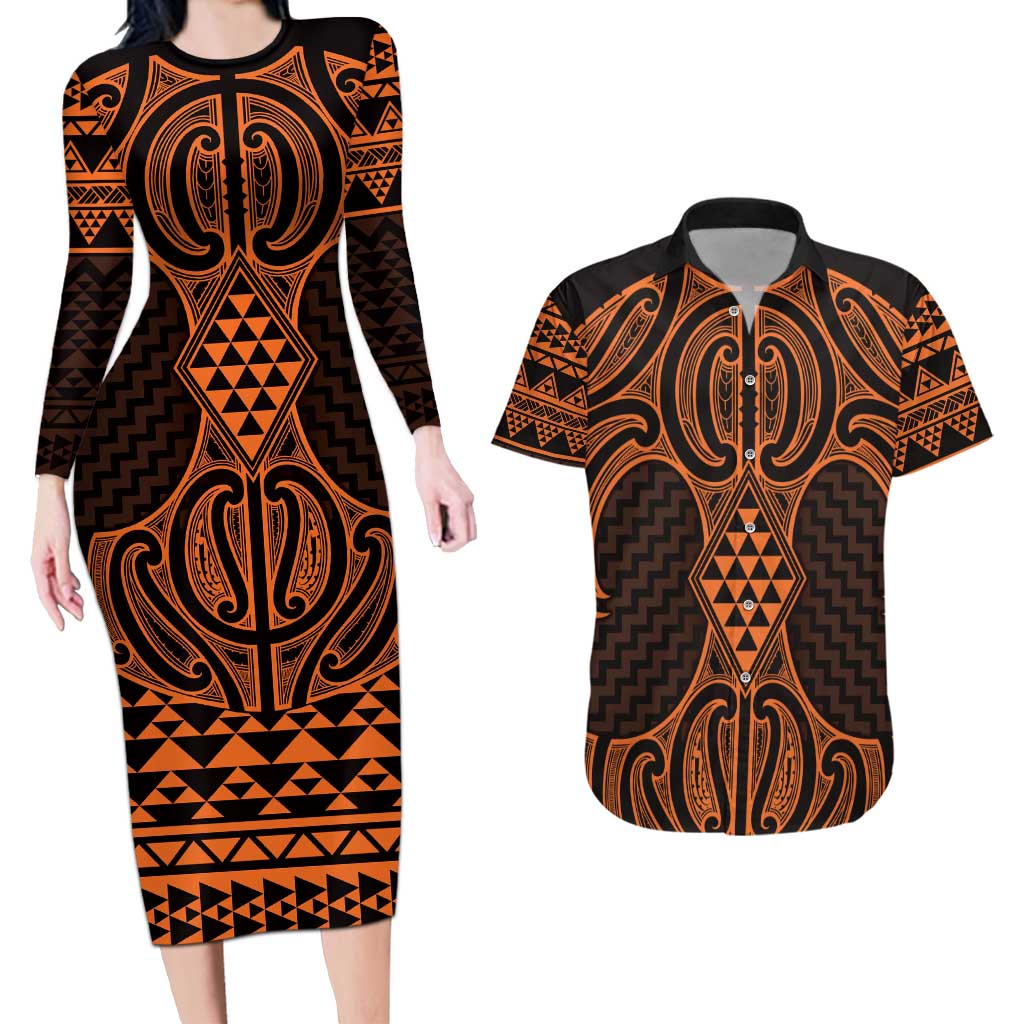 Karaka Maori Ta Moko Poutama Art Couples Matching Long Sleeve Bodycon Dress and Hawaiian Shirt