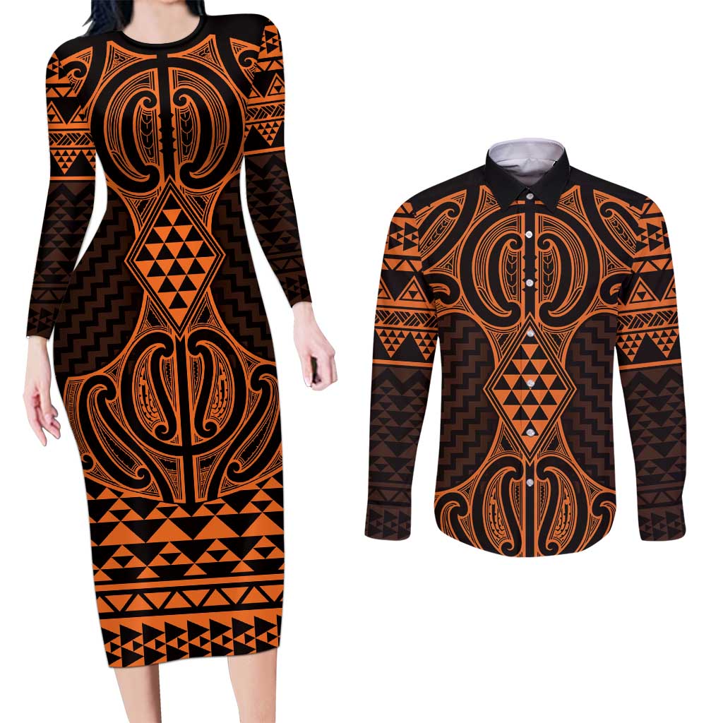 Karaka Maori Ta Moko Poutama Art Couples Matching Long Sleeve Bodycon Dress and Long Sleeve Button Shirt