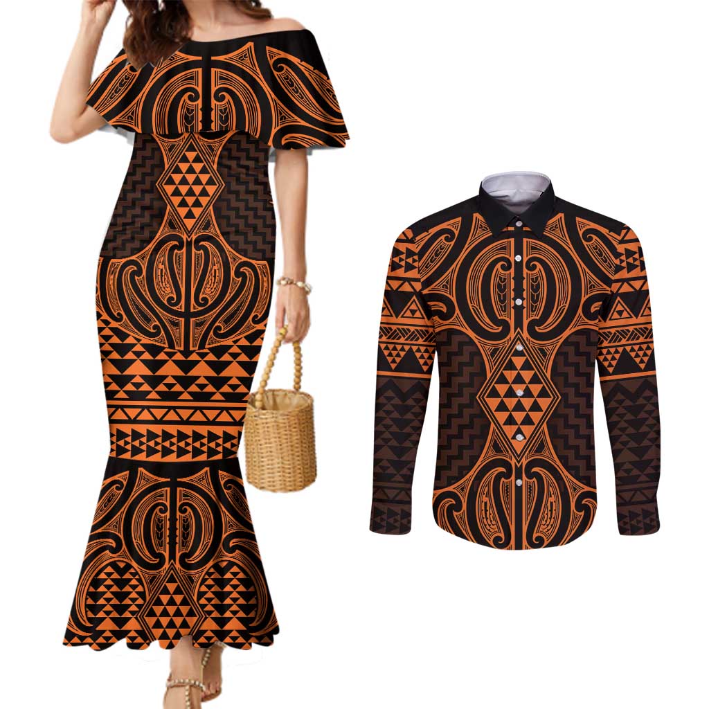 Karaka Maori Ta Moko Poutama Art Couples Matching Mermaid Dress and Long Sleeve Button Shirt