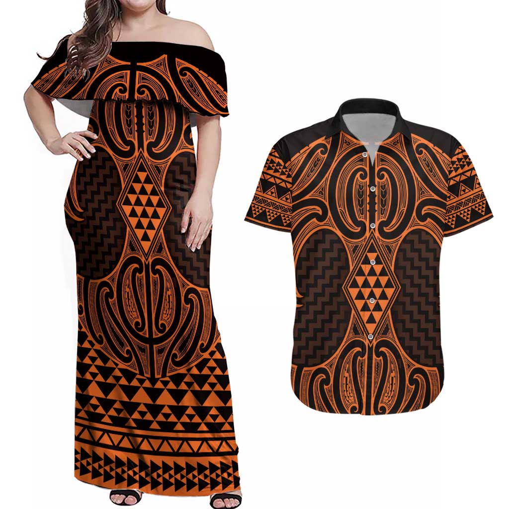 Karaka Maori Ta Moko Poutama Art Couples Matching Off Shoulder Maxi Dress and Hawaiian Shirt