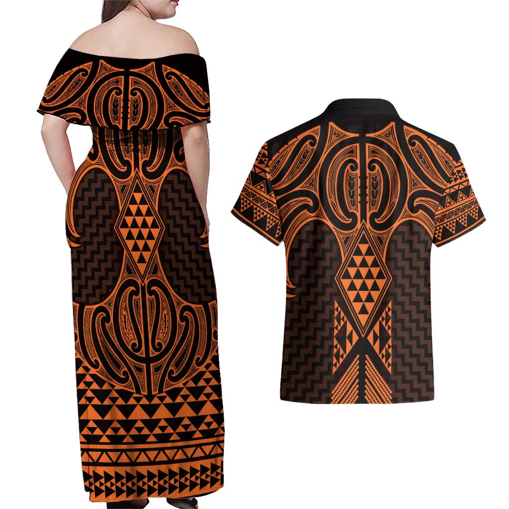 Karaka Maori Ta Moko Poutama Art Couples Matching Off Shoulder Maxi Dress and Hawaiian Shirt