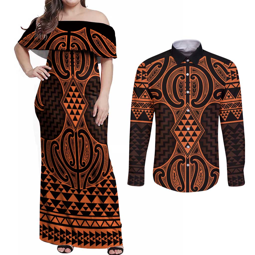 Karaka Maori Ta Moko Poutama Art Couples Matching Off Shoulder Maxi Dress and Long Sleeve Button Shirt