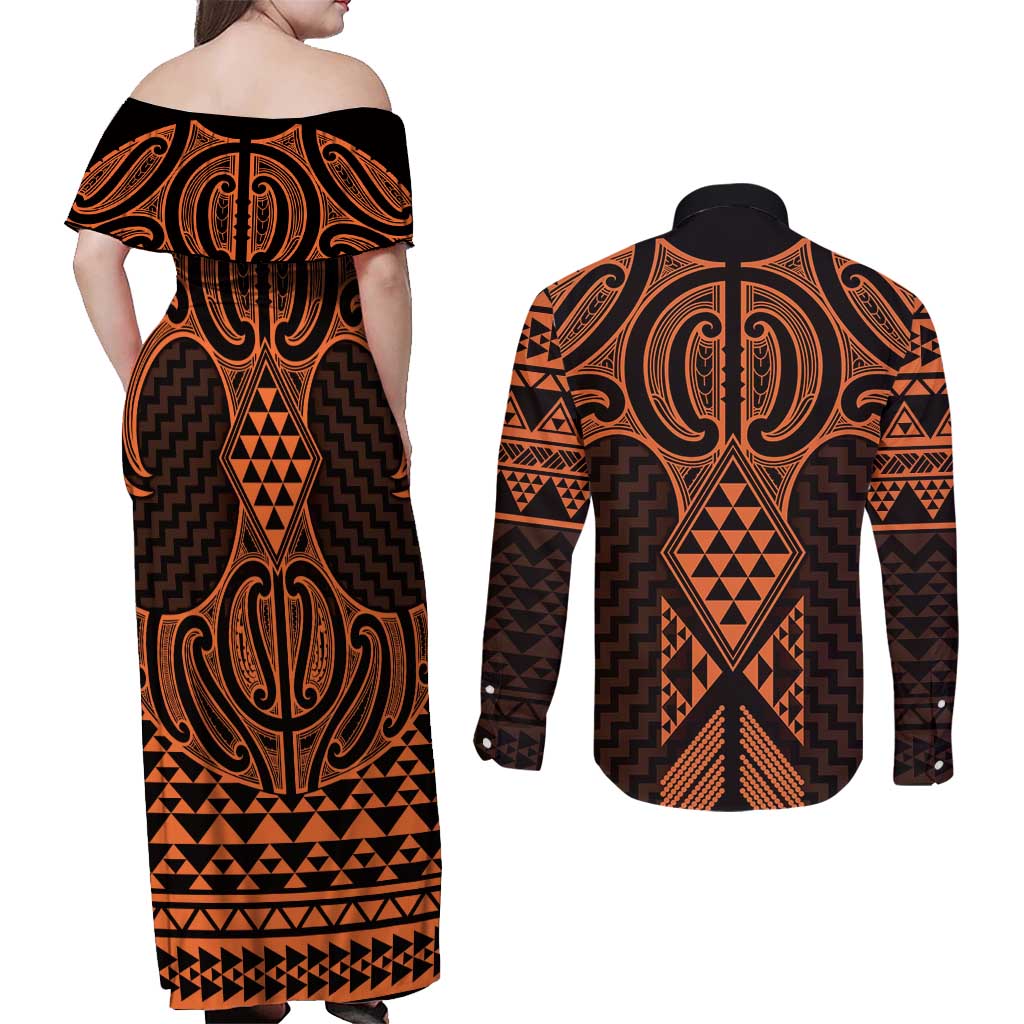 Karaka Maori Ta Moko Poutama Art Couples Matching Off Shoulder Maxi Dress and Long Sleeve Button Shirt