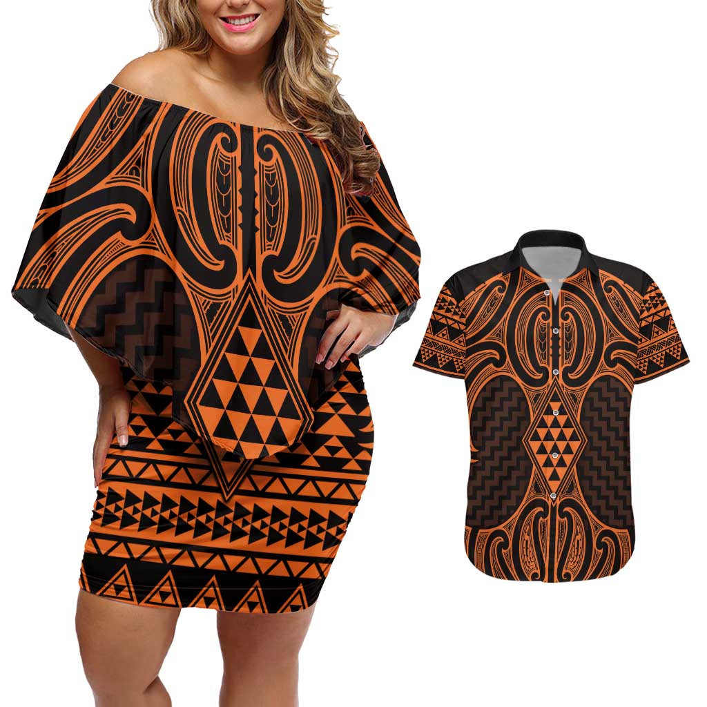 Karaka Maori Ta Moko Poutama Art Couples Matching Off Shoulder Short Dress and Hawaiian Shirt