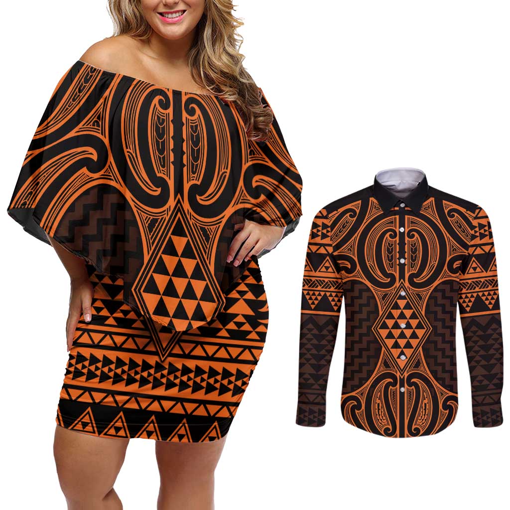 Karaka Maori Ta Moko Poutama Art Couples Matching Off Shoulder Short Dress and Long Sleeve Button Shirt