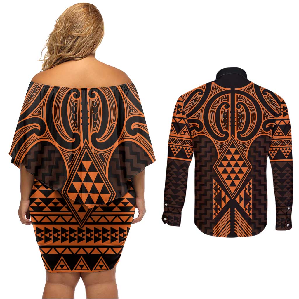 Karaka Maori Ta Moko Poutama Art Couples Matching Off Shoulder Short Dress and Long Sleeve Button Shirt