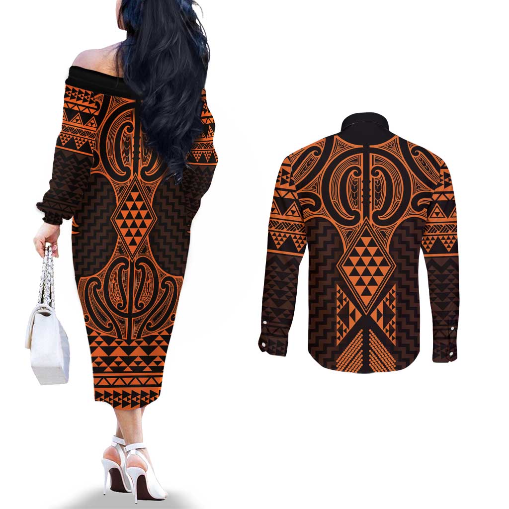 Karaka Maori Ta Moko Poutama Art Couples Matching Off The Shoulder Long Sleeve Dress and Long Sleeve Button Shirt