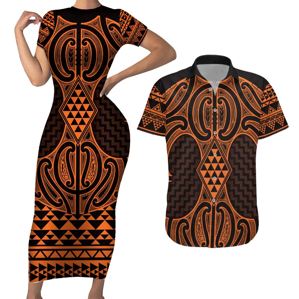 Karaka Maori Ta Moko Poutama Art Couples Matching Short Sleeve Bodycon Dress and Hawaiian Shirt