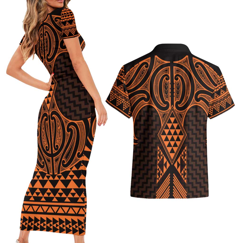 Karaka Maori Ta Moko Poutama Art Couples Matching Short Sleeve Bodycon Dress and Hawaiian Shirt