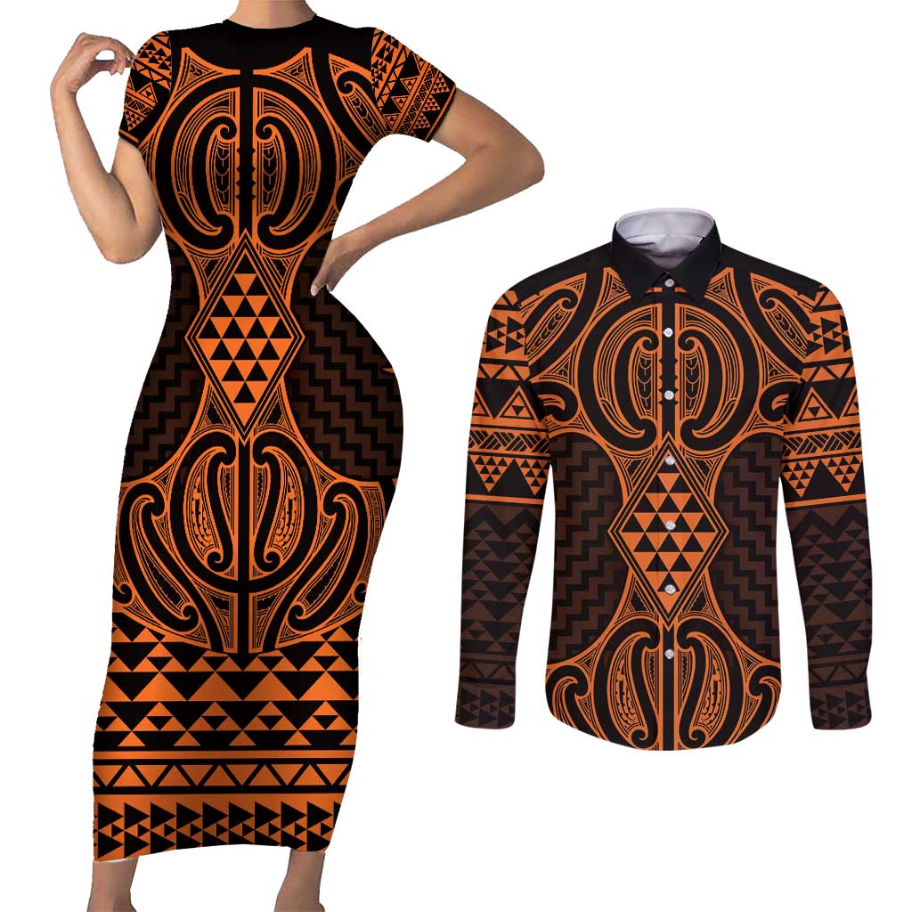 Karaka Maori Ta Moko Poutama Art Couples Matching Short Sleeve Bodycon Dress and Long Sleeve Button Shirt