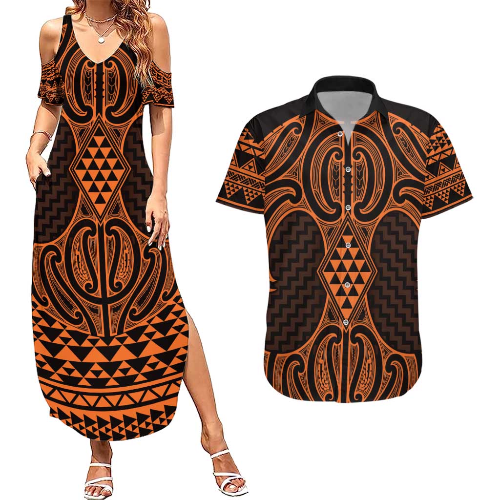 Karaka Maori Ta Moko Poutama Art Couples Matching Summer Maxi Dress and Hawaiian Shirt