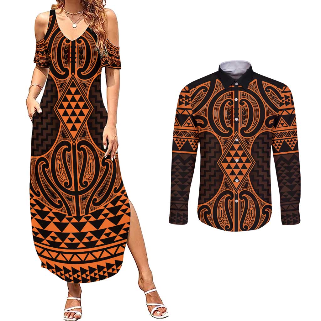 Karaka Maori Ta Moko Poutama Art Couples Matching Summer Maxi Dress and Long Sleeve Button Shirt