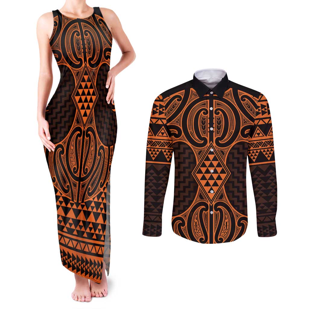 Karaka Maori Ta Moko Poutama Art Couples Matching Tank Maxi Dress and Long Sleeve Button Shirt