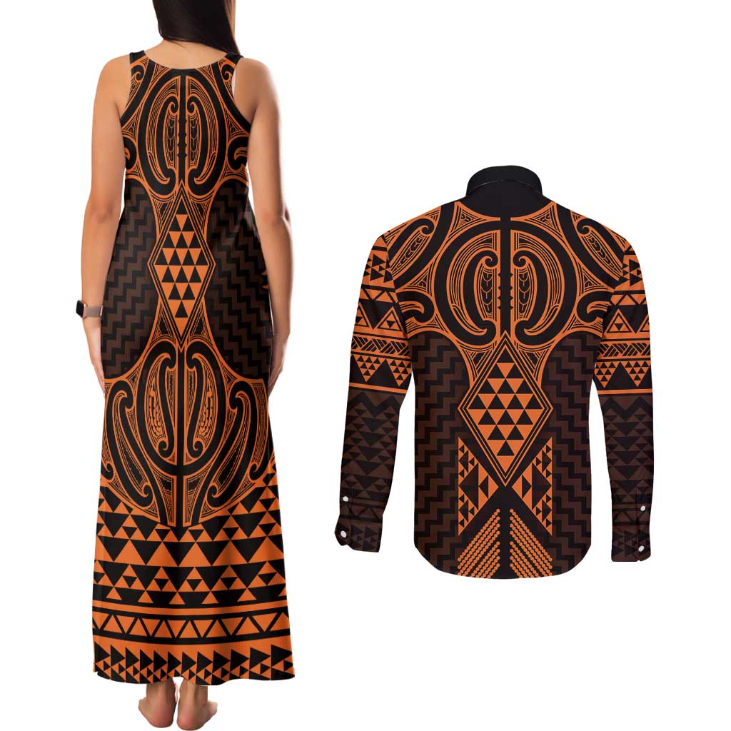 Karaka Maori Ta Moko Poutama Art Couples Matching Tank Maxi Dress and Long Sleeve Button Shirt