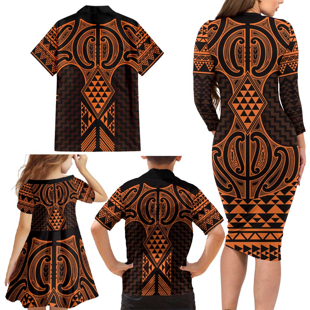 Karaka Maori Ta Moko Poutama Art Family Matching Long Sleeve Bodycon Dress and Hawaiian Shirt