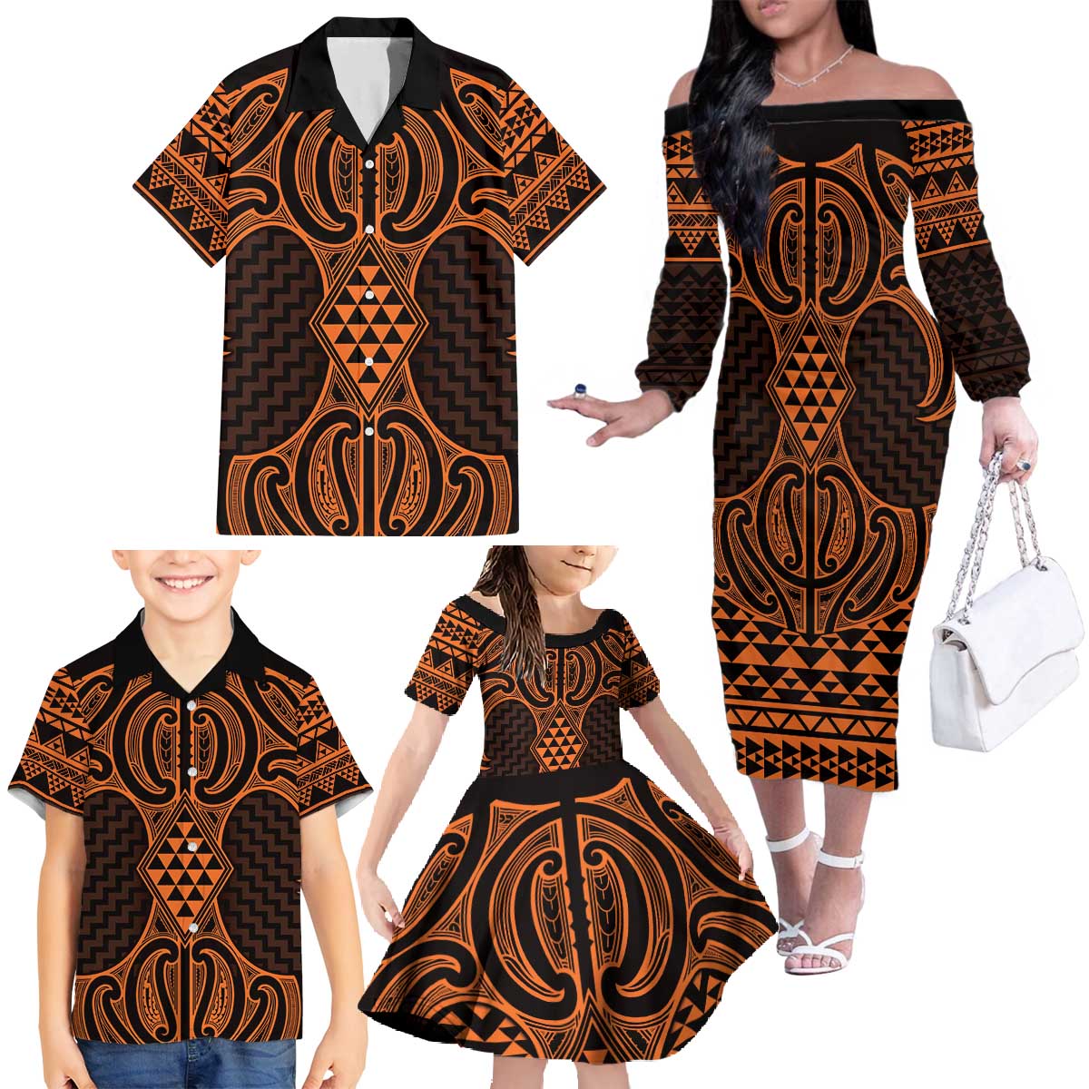 Karaka Maori Ta Moko Poutama Art Family Matching Off The Shoulder Long Sleeve Dress and Hawaiian Shirt