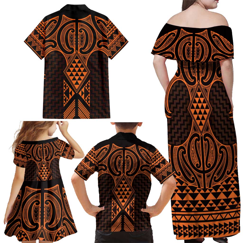 Karaka Maori Ta Moko Poutama Art Family Matching Off Shoulder Maxi Dress and Hawaiian Shirt