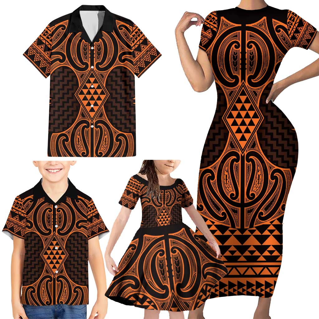 Karaka Maori Ta Moko Poutama Art Family Matching Short Sleeve Bodycon Dress and Hawaiian Shirt