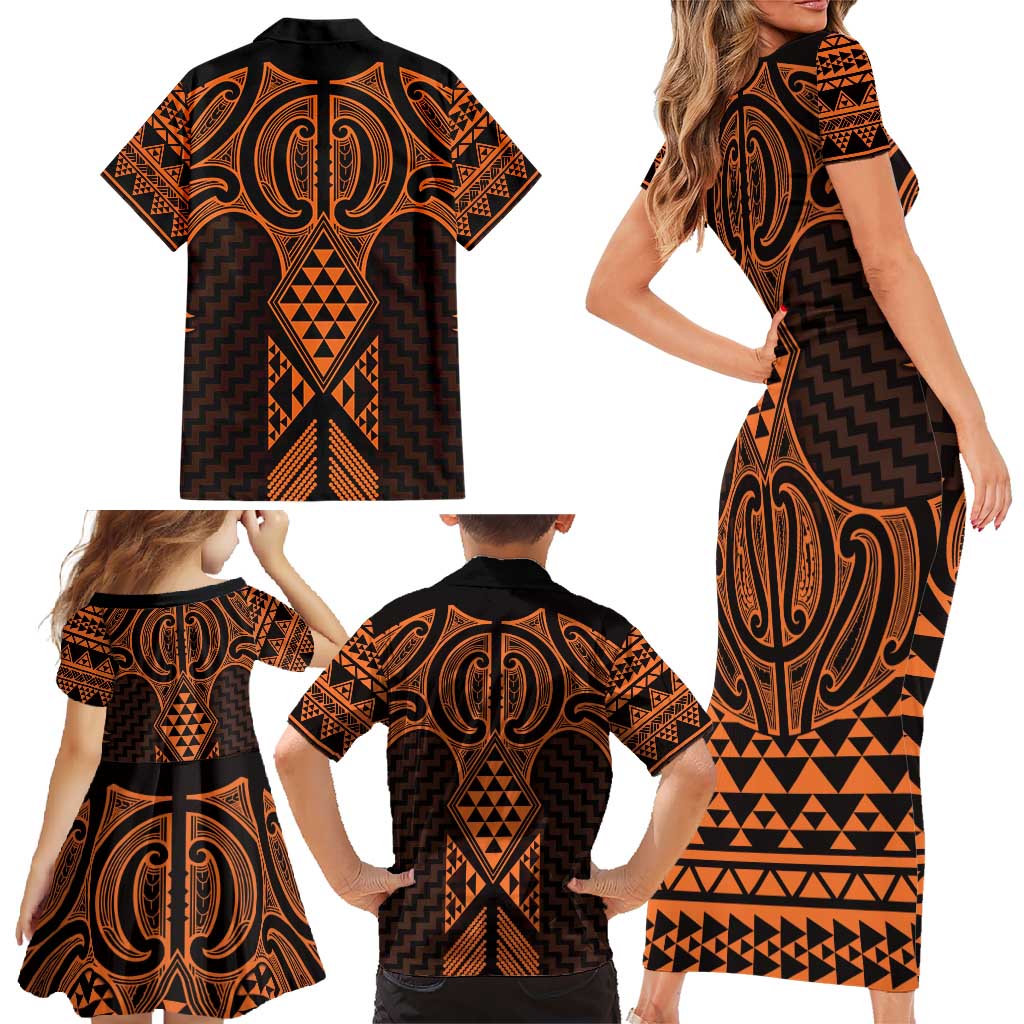 Karaka Maori Ta Moko Poutama Art Family Matching Short Sleeve Bodycon Dress and Hawaiian Shirt