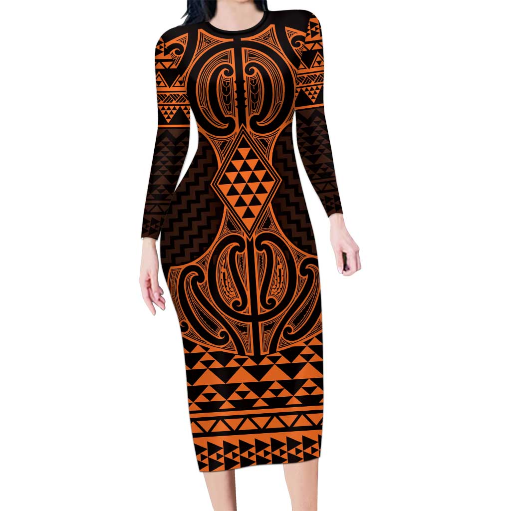 Karaka Maori Ta Moko Poutama Art Long Sleeve Bodycon Dress