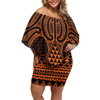 Karaka Maori Ta Moko Poutama Art Off Shoulder Short Dress LT9 Women Gold - Polynesian Pride