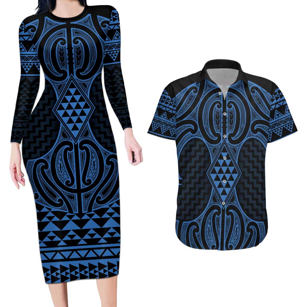 Kikorangi Maori Ta Moko Poutama Art Couples Matching Long Sleeve Bodycon Dress and Hawaiian Shirt LT9 Blue - Polynesian Pride