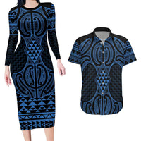Kikorangi Maori Ta Moko Poutama Art Couples Matching Long Sleeve Bodycon Dress and Hawaiian Shirt LT9 Blue - Polynesian Pride