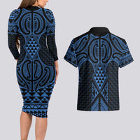 Kikorangi Maori Ta Moko Poutama Art Couples Matching Long Sleeve Bodycon Dress and Hawaiian Shirt LT9 - Polynesian Pride