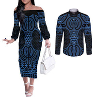 Kikorangi Maori Ta Moko Poutama Art Couples Matching Off The Shoulder Long Sleeve Dress and Long Sleeve Button Shirt