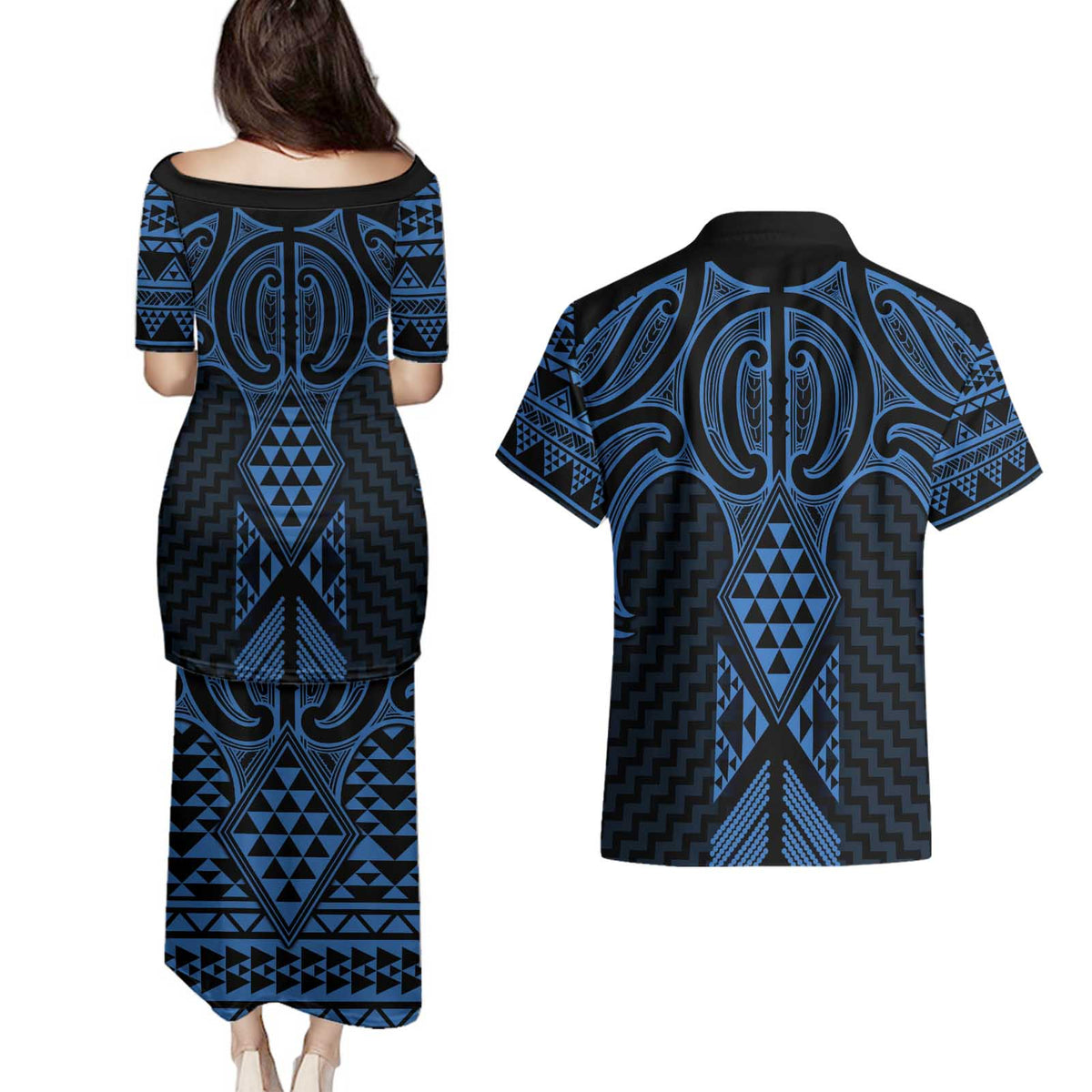 Kikorangi Maori Ta Moko Poutama Art Couples Matching Puletasi and Hawaiian Shirt