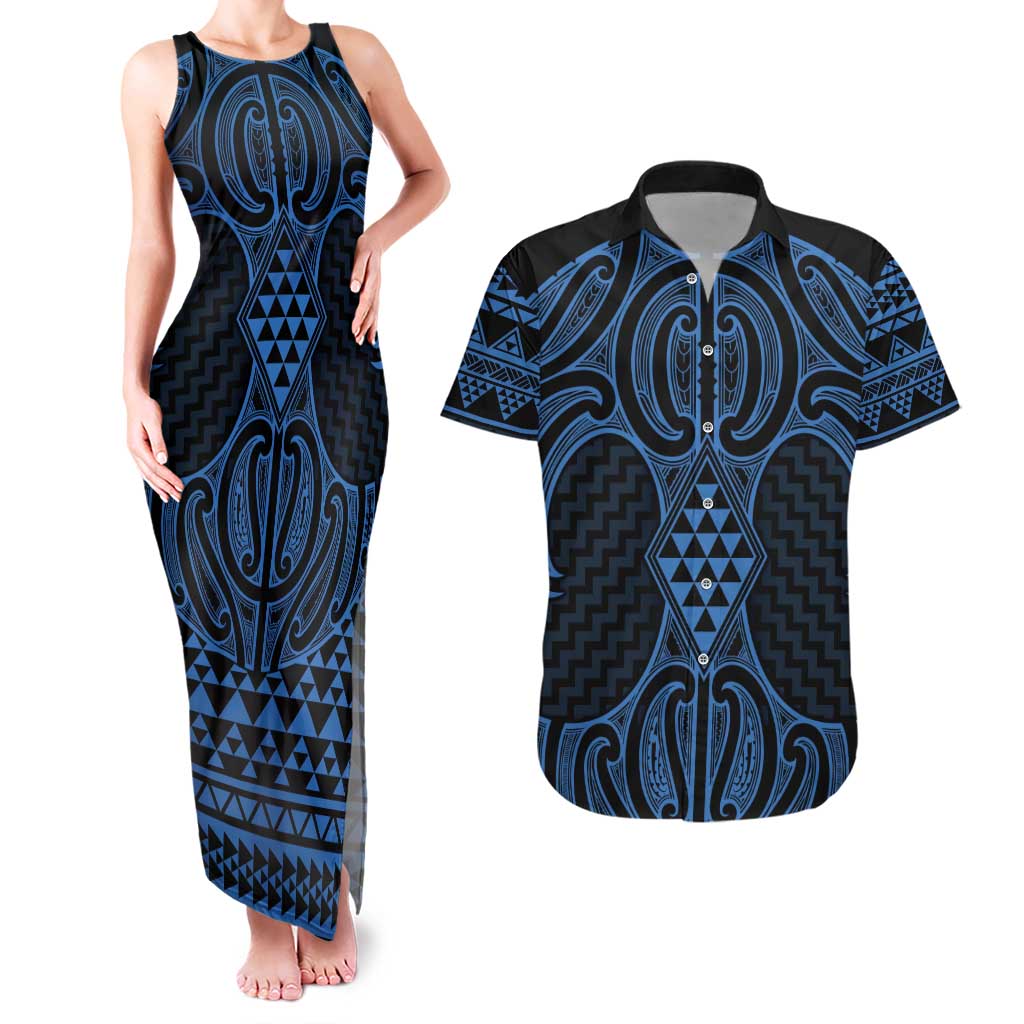 Kikorangi Maori Ta Moko Poutama Art Couples Matching Tank Maxi Dress and Hawaiian Shirt LT9 Blue - Polynesian Pride