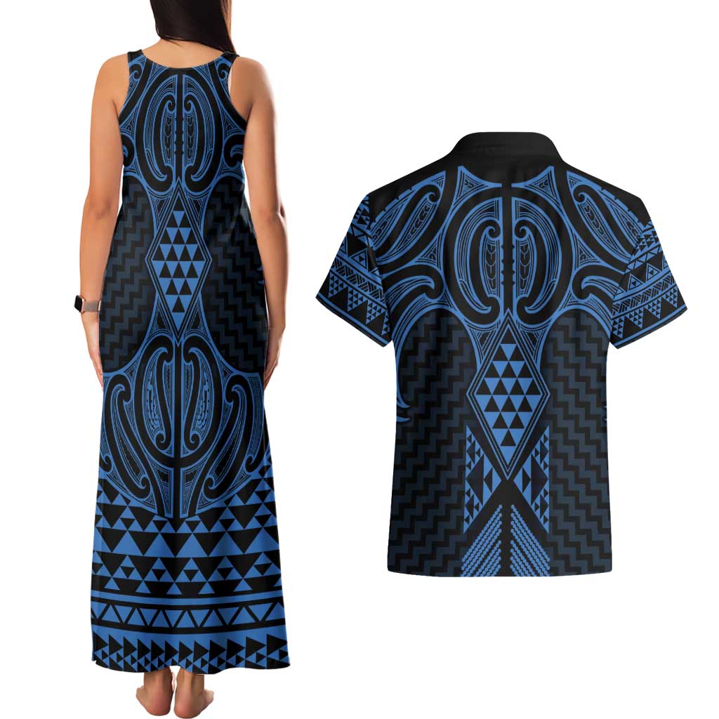 Kikorangi Maori Ta Moko Poutama Art Couples Matching Tank Maxi Dress and Hawaiian Shirt LT9 - Polynesian Pride