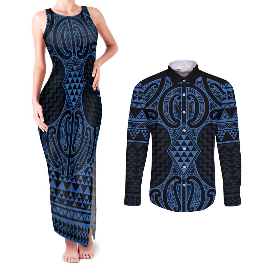 Kikorangi Maori Ta Moko Poutama Art Couples Matching Tank Maxi Dress and Long Sleeve Button Shirt LT9 Blue - Polynesian Pride