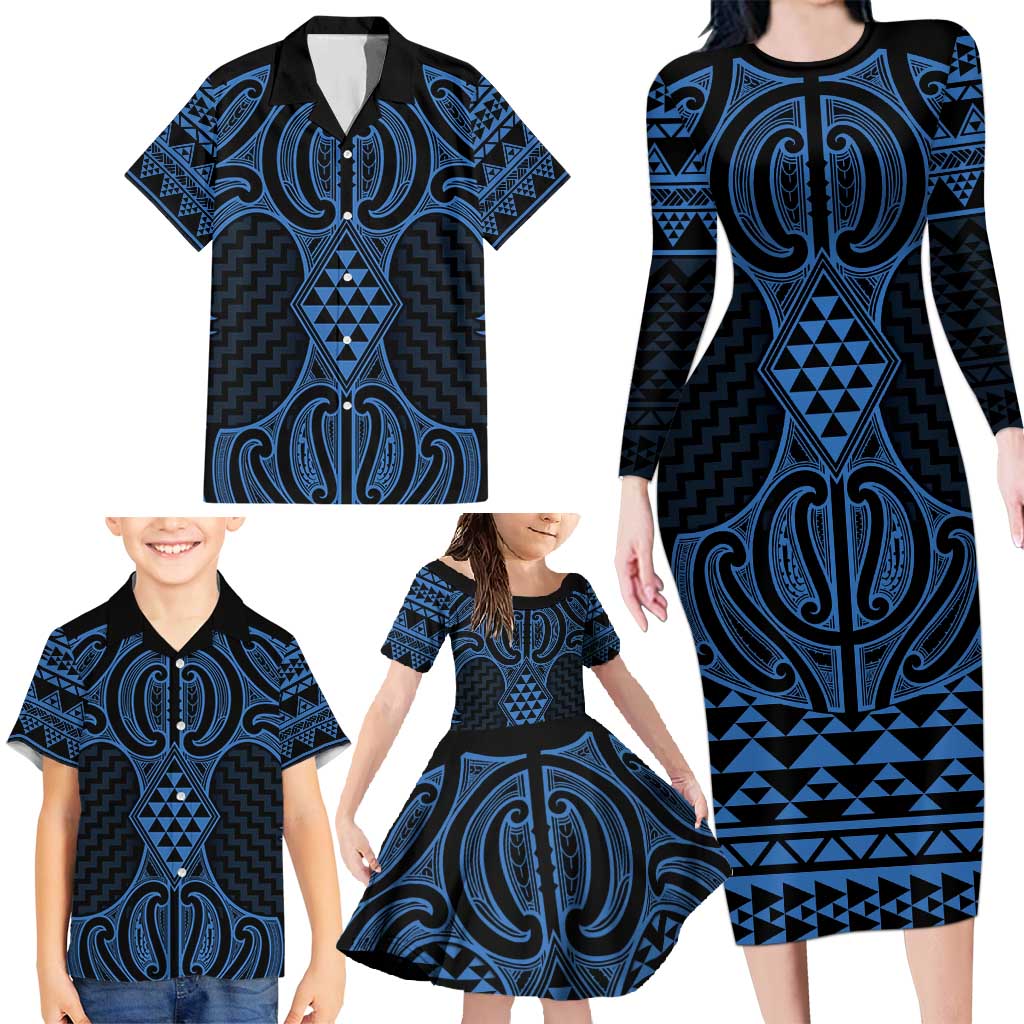 Kikorangi Maori Ta Moko Poutama Art Family Matching Long Sleeve Bodycon Dress and Hawaiian Shirt