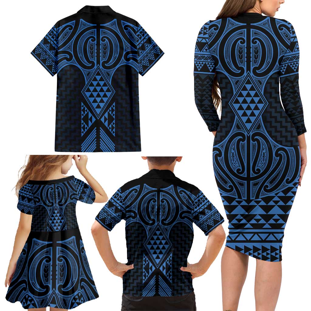 Kikorangi Maori Ta Moko Poutama Art Family Matching Long Sleeve Bodycon Dress and Hawaiian Shirt