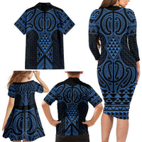 Kikorangi Maori Ta Moko Poutama Art Family Matching Long Sleeve Bodycon Dress and Hawaiian Shirt